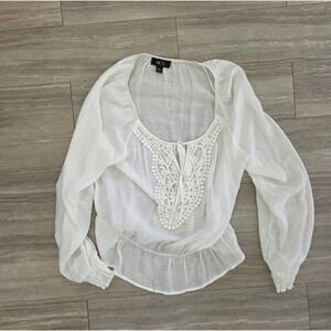 BCX Womens White Gauze Peasant Blouse Crochet Lace‎ Bib Peplum Top XL
